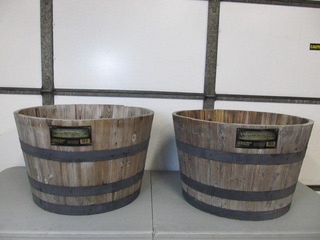 lot 140 image: Pair of LARGE Half Barrel Wooden Planters - Unused 