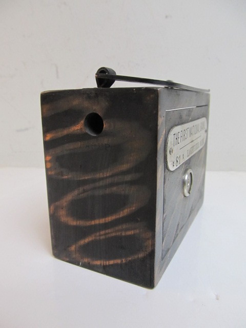 lot 146 image: Antique First National Metal Coin Bank - Lakefield, Minn