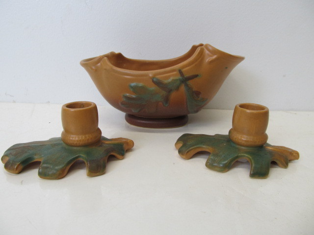 lot 157 image: Vintage Signed WELLER Art Pottery Bowl & Candleholders 