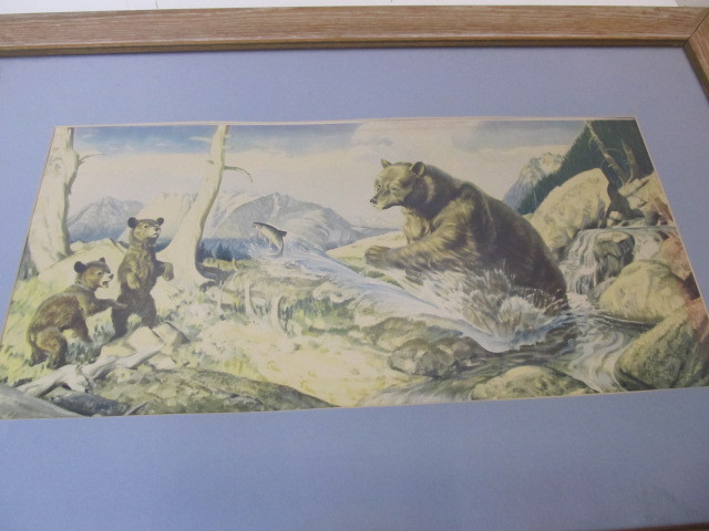lot 196 image: Vintage Framed Bear wCubs Fishing Print