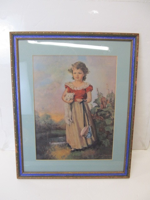 lot 199 image: Vintage Framed Girl wKitten Print