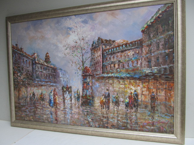 lot 232 image: Beautiful Original Oil on Canvas Paris Street Scene Painting Signed