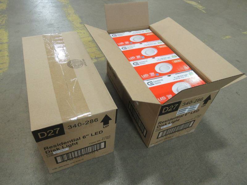 lot 225 image: 2 Cases (4 LightsCase) of Commercial Electric 6 in. Soft White Recessed LED Can Disk Lights, CE-JB6-650L-27K-E26-2. New in Box
