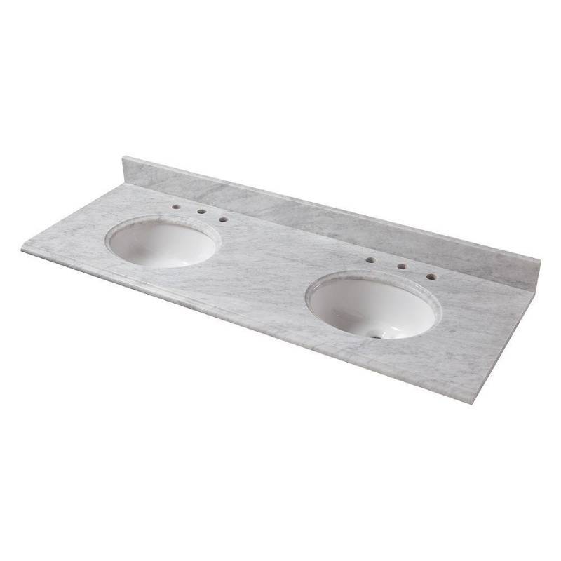 lot 16 image: Home Decorators Collection 61 in. Marble Double Basin Vanity Top in Carrara with White Basins, 62108