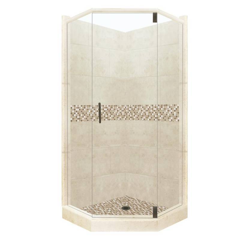 lot 34 image: American Bath Factory Roma Grand Hinged 38 in. x 38 in. x 80 in. Neo-Angle Shower Kit in Desert Sand and Old Bronze Hardware