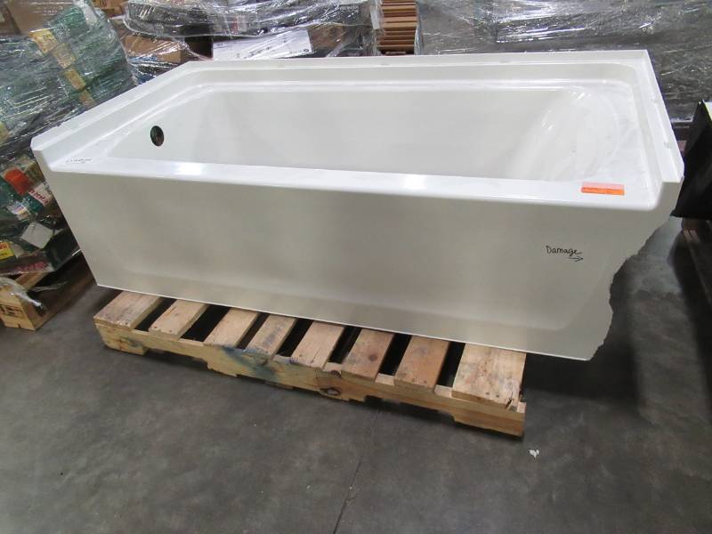 lot 52 image: Sterling Medley 60-in White with Right-Hand Drain, Cracked Front LH Corner, Apron Broken RH Side.