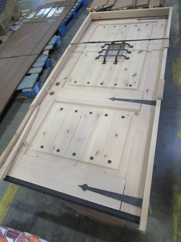 lot 62 image: Krosswood Doors 42 in. x 96 in. Mediterranean Knotty Alder Square Top Unfinished Single Right-Hand Inswing Prehung Front Door.