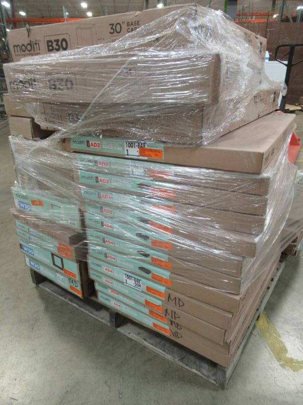lot 63 image: WHOLESALE MIXED PALLET OF RETURNS - MODIFI BASEWALL CABINETS AND SHELFDRAWER KITS