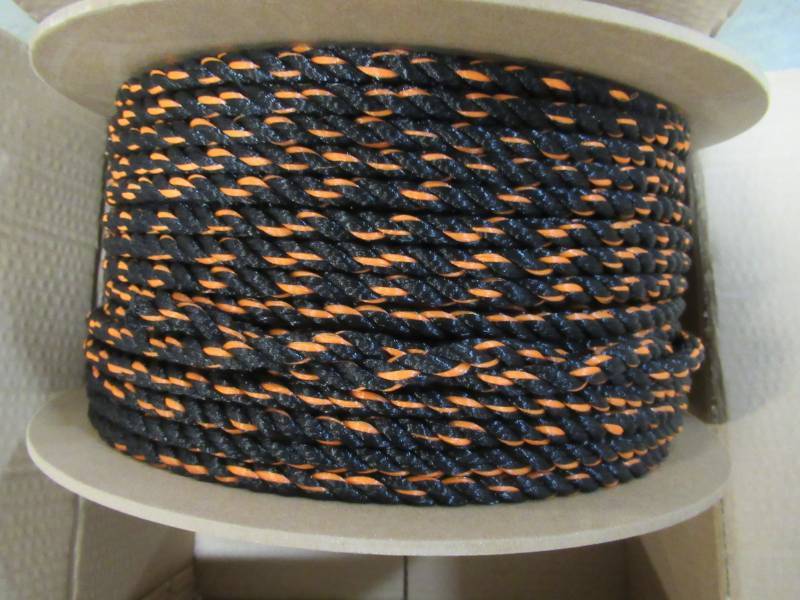 lot 78 image: Crown Bolt 38 in. x 400 ft. Polypropylene Truck Rope, Black and Orange, 64640 - New in Box