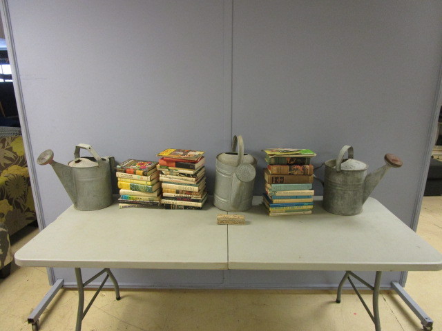 lot 368 image: VINTAGE GARDENING BOOKS, WATER CANS AND DECORATIVE STORAGE BOX