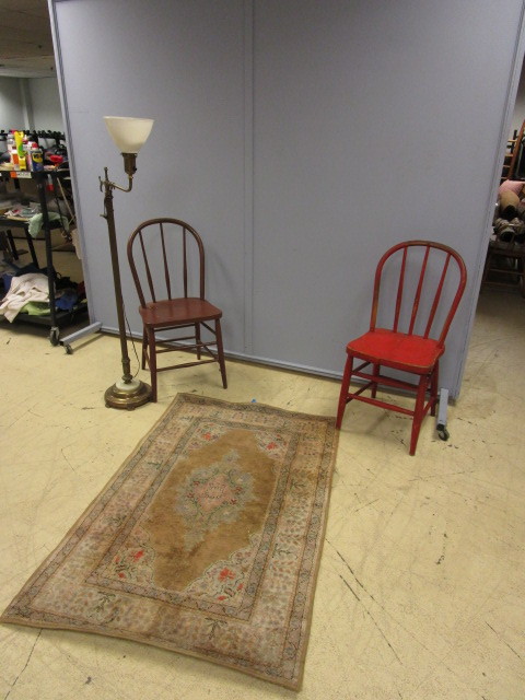 lot 385 image: BRASS LAMP, RUG AND CHAIRS
