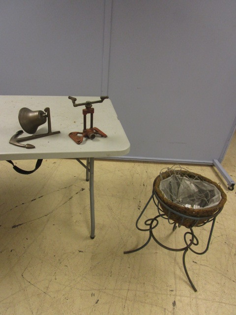 lot 418 image: STANDING PLANTER, ANCHOR WITH BELL AND VINTAGE SPRINKLER