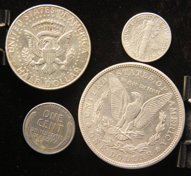 4 COINS 1921 MORGAN 1964 KENNEDY HALF 1942 MERCURY DIME 1943 WAR CENT