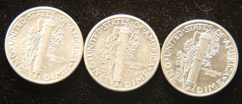 3 AU-UNC MERCURY DIMES 1943 1944 1945