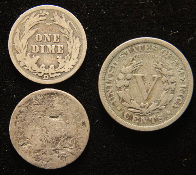 3 COINS 1839-O SEATED DIME 1912-D BARBER DIME 1911 LIBERTY V NICKEL