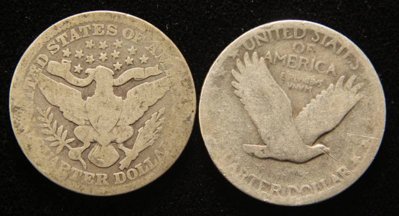 2 SILVER QUARTERS 1902 BARBER 1926 STANDING LIBERTY