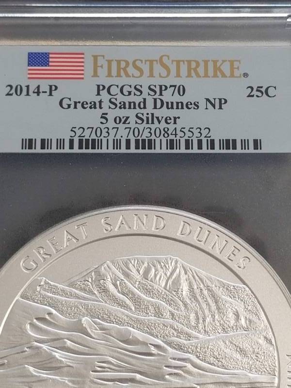 2014-P GREAT SAND DUNES 5 TROY OZ .999 FINE SILVER PCGS SP70