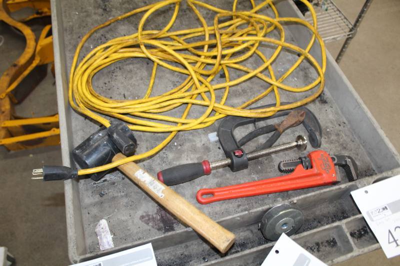 lot 427 image: Extension Cord, Mallet, Pipe Wrench, C-Clamp, Pliers