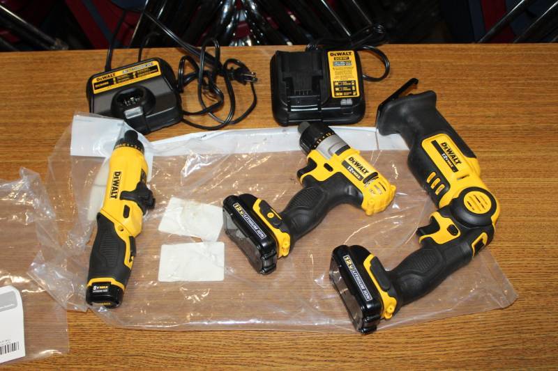 lot 65 image: DeWalt 12VDC Cordless Power Tools - DCF610 Screwdriver, DCF680 Screwdriver, DCS310 Reciprocating Saw, Batteries, Chargers