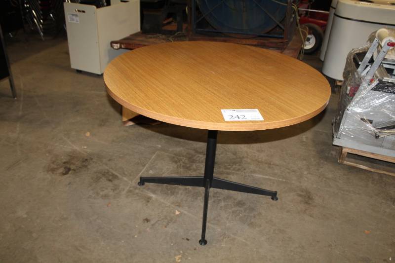 lot 242 image: Wood Top Round Conference Table with Metal Base