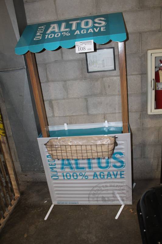 lot 108 image: Olmeca Altos 100% Agave Tequila Lemonade Display Vender Stand with Canopy, Front Basket