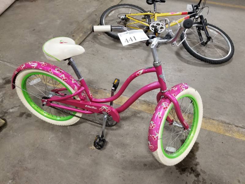 lot 441 image: Electra, Little Girls pink bicycle with cherry stickers all over it., 15  Inch Rim Diameter