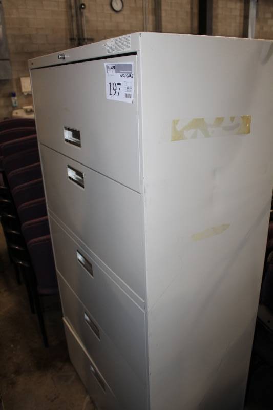 lot 197 image: Hon Metal Lateral File Cabinet with 5-Locking Drawers