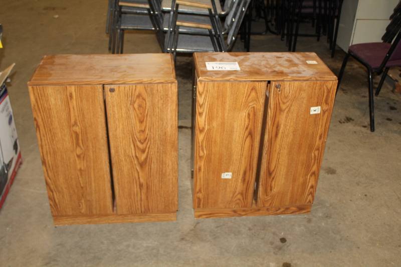 lot 196 image: Locking Wood Media Cabinets with 2-Doors, 3-Shelves, Door Storage Compartments