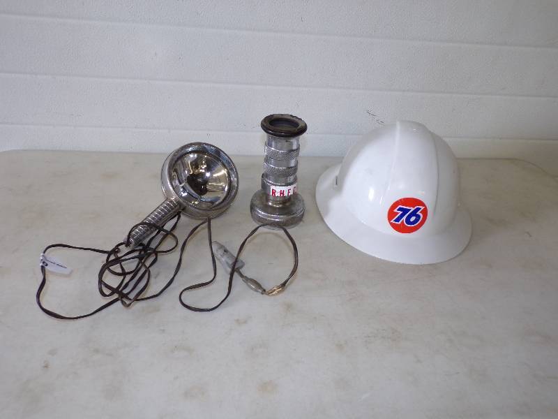 lot 30 image: Hard Hat, Vintage Search Light and Fire Hose Nozzle
