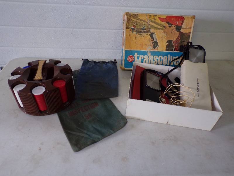 lot 33 image: Vintage RCA Walkie Talkie,  Canvas Bags and Poker Chip Set