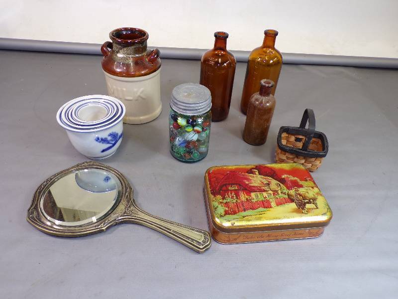 lot 34 image: Vintage Jar of Marbles with Shooters, Medicine Bottles, and other vintage items