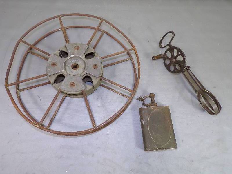 lot 36 image: Vintage Military Oiler, 19th Century Egg Beater, and Early Keelock Film Reel