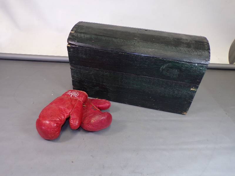 lot 38 image: Wood Box and Rare Leather Childrens Boxing Gloves