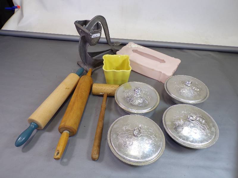 lot 42 image: Vintage Kitchen ware Wear-ever Aluminum Juicer, and Wild Rose Silver Plated dishes with covers