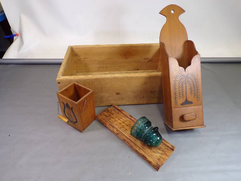 lot 80 image: Primitive Wood Box, Harp Box, Tall Match Box Holder and Blue insulator