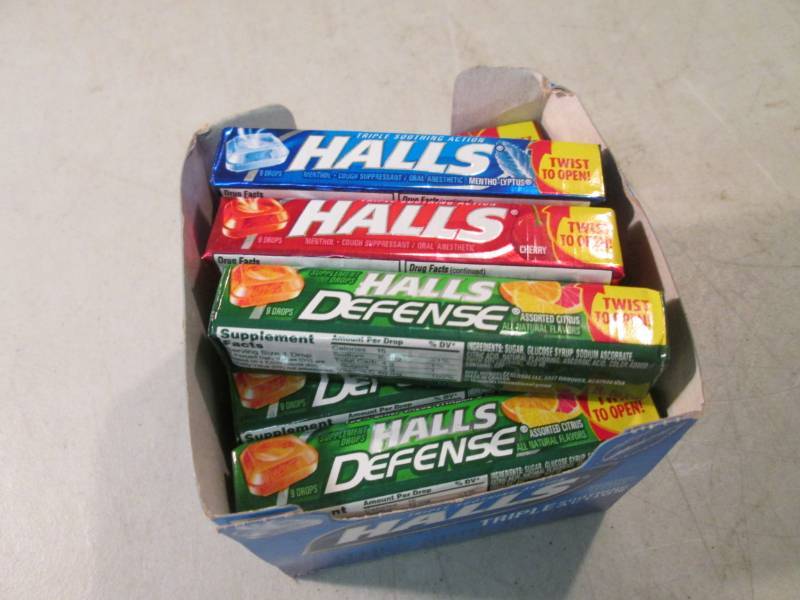 lot 198 image: Box with 18 Assorted Packs of Halls...