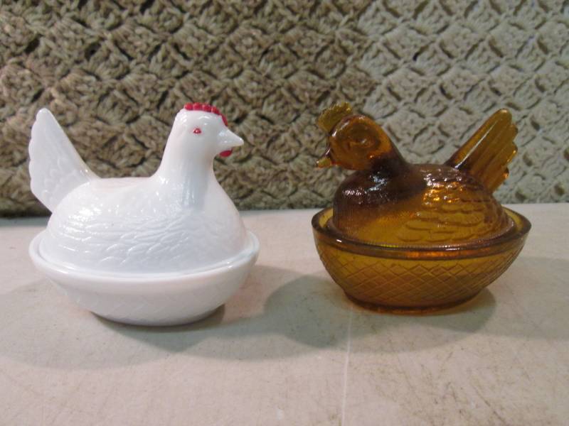 lot 244 image: 2 Glass Chicken Dishes with Lids  E...