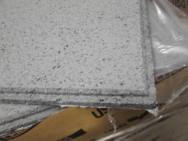 lot 268 image: 7 Cases of USG CGC Acoustical ceiling panels, 8 tiles per case 2 x 2 foot, Clima Plus Warranty, Anti sag, Beveled Edge.  Frost (Gray) color.  Brand new