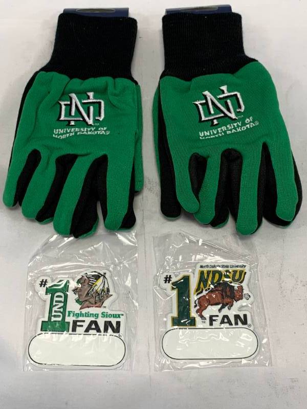 lot 8 image: 2 Pair UND Kids Gloves & Fighting Sioux  NDSU Bison Magnets