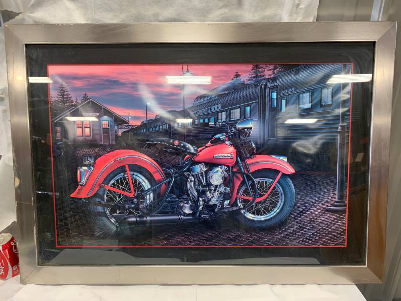 lot 56 image: Stainless Steel Harley Davidson Framed Art 27 x 39
