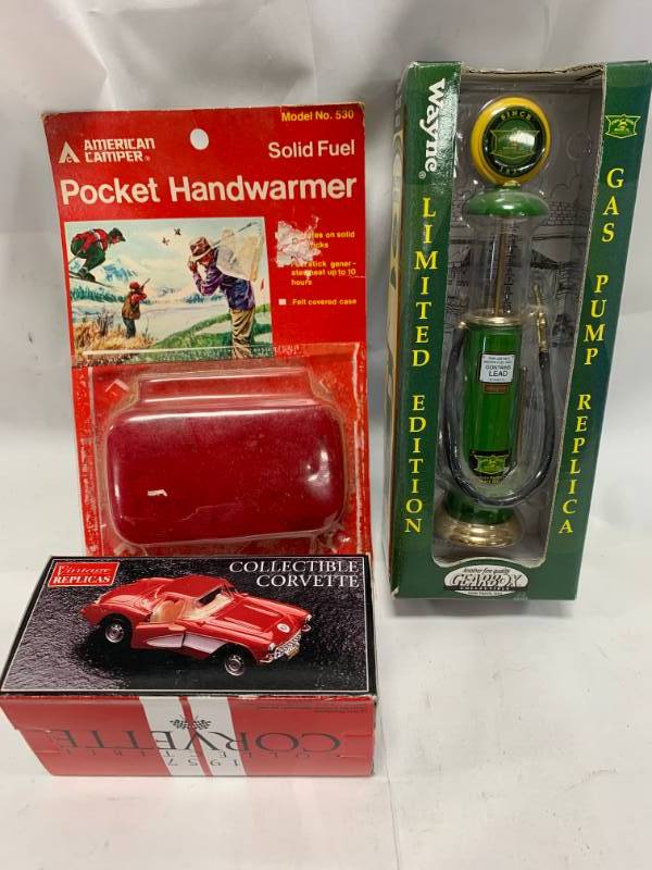 lot 63 image: Vintage Handwarmer, Corvette, Gas Pump