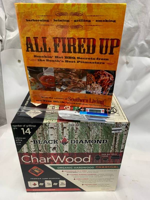 lot 96 image: Charwood Organic Charcoal (good for 14 Grilings) BBQ Book, BBQ Digital Thermometer