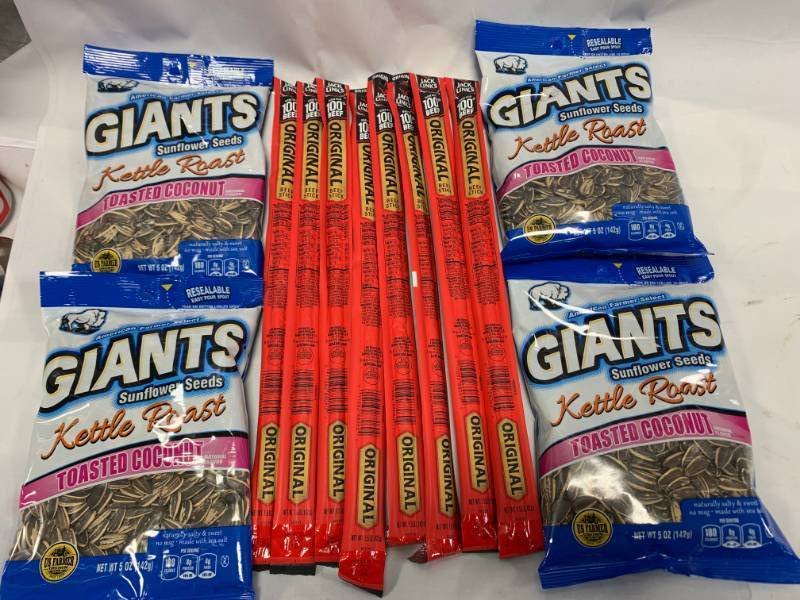 lot 107 image: Lot of 8 Jack Link Big 13 Sticks & 4 Bags Kettle Roasted Coconut Giant Sunflower Seeds