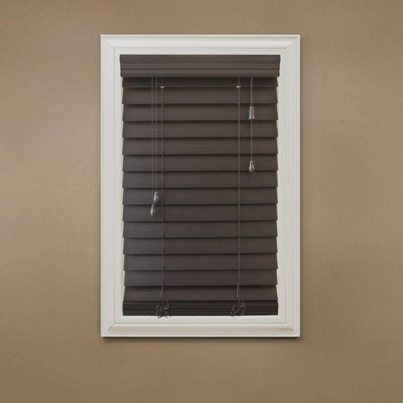 lot 109 image: 2 Cases (2 BlindsCase) of Home Decorators Collection Espresso 2-12 in. Premium Faux Wood Blind - 23 in. W x 64 in. L - New in Box.