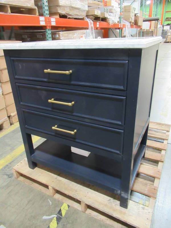 lot 82 image: allen  roth Presnell 31-in Navy Blue Single Sink Bathroom Vanity with Carrara White Natural Marble Top 261205 - Cracked Top and Back Wall.