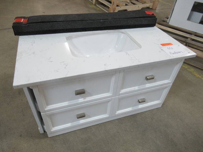 lot 172 image: Scott Living Canterbury White Single Sink Vanity with WhiteGray Engineered Cararra Engineered Stone Top (Common 36-in x 22-in) 1227VA-36-201 - Missing Legs Bottom Shelf & Hardware.