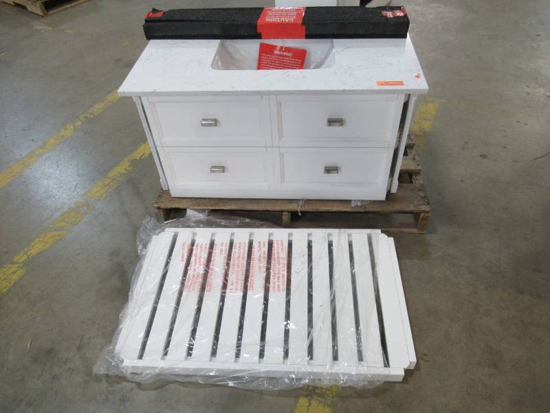 lot 173 image: Scott Living Canterbury White Single Sink Vanity with WhiteGray Engineered Cararra Engineered Stone Top (Common 36-in x 22-in) 1227VA-36-201 - Missing Legs & Hardware