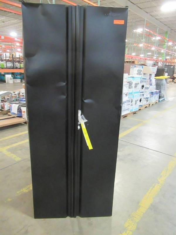 lot 193 image: Husky Welded 54 in. W x 75 in. H x 19 in. D Steel Garage Cabinet Set in Black (3-Piece) - Large Dents on Locker RH & LH Panel (Front) and Doors
