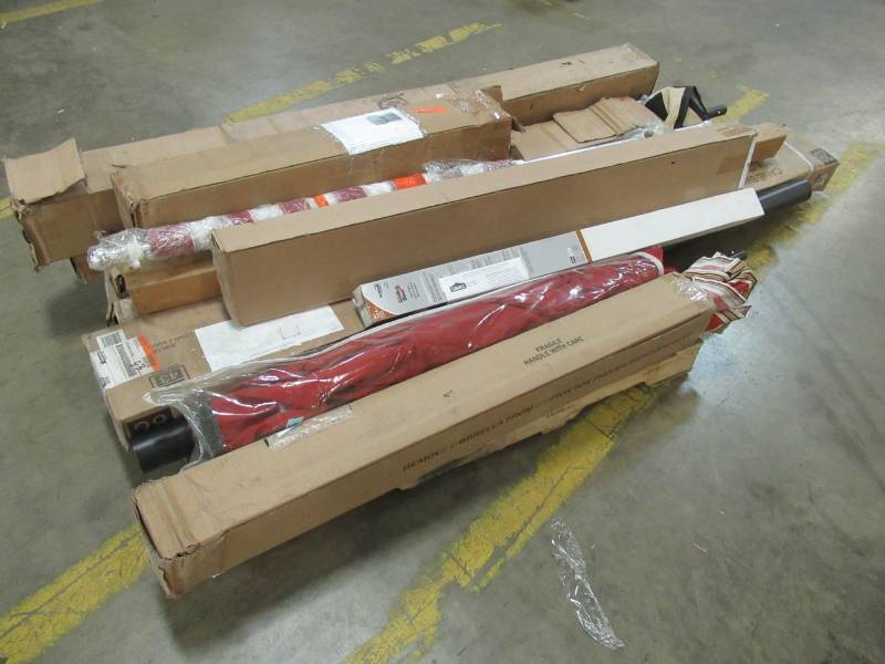 lot 208 image: WHOLESALE MIXED PALLET OF RETURNS - PATIO UMBRELLAS, FLAG & PATIO SWING FRAME