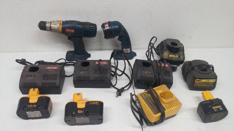lot 30 image: Assorted Ryobie and DeWalt cordless tools, chargers and batteries